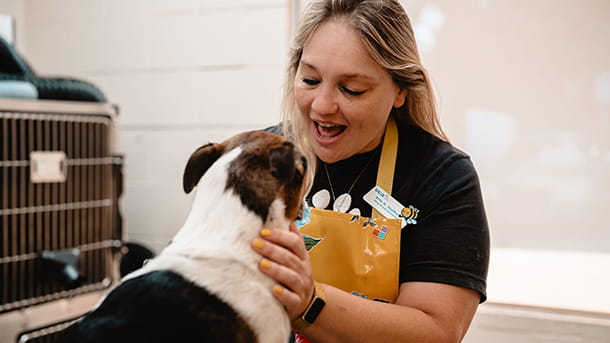 Groomer with dog at VCA Winchester Animal Hospital